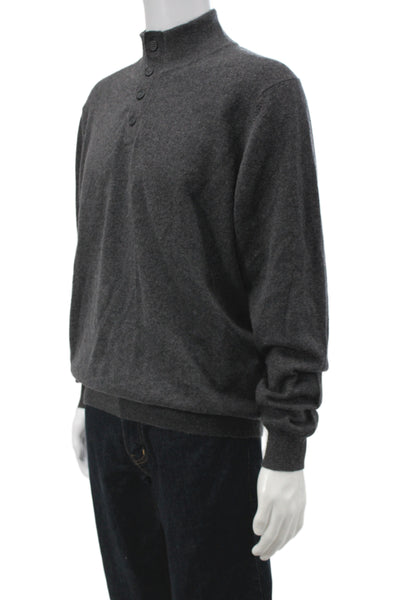 Kinross Cashmere Mens Dark Gray Henley Mock Neck Pullover Button Size L