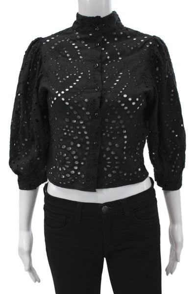 Rollas Women Cropped Black Cotton High Neck Button 3/4 Sleeve Blouse Size XS