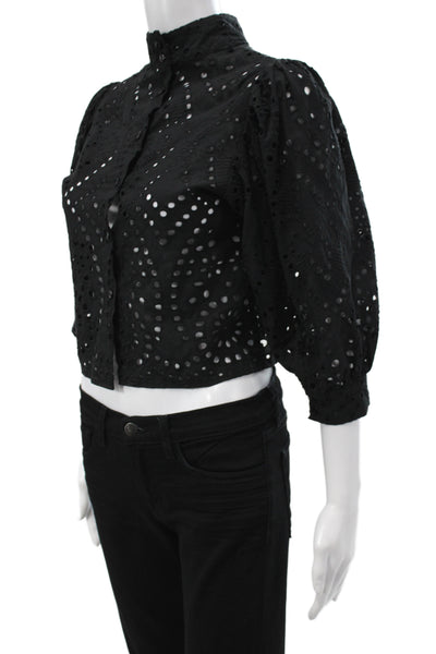 Rollas Women Cropped Black Cotton High Neck Button 3/4 Sleeve Blouse Size XS
