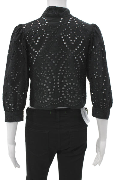 Rollas Women Cropped Black Cotton High Neck Button 3/4 Sleeve Blouse Size XS