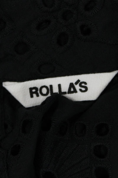 Rollas Women Cropped Black Cotton High Neck Button 3/4 Sleeve Blouse Size XS