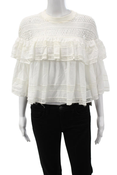 Sea New York Women White Cotton Bohemian Short Sleeve Crew Neck Blouse Size 0
