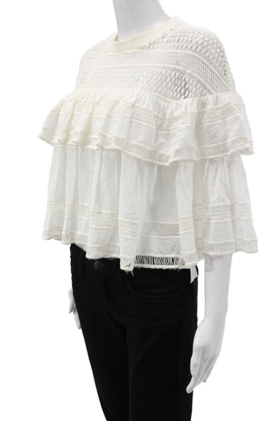 Sea New York Women White Cotton Bohemian Short Sleeve Crew Neck Blouse Size 0
