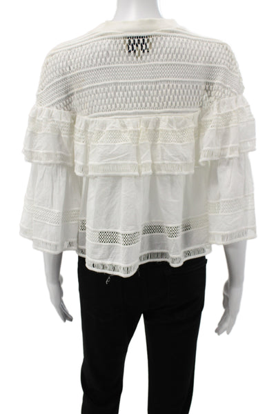 Sea New York Women White Cotton Bohemian Short Sleeve Crew Neck Blouse Size 0