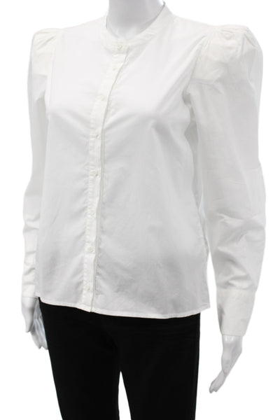 NationLTD Women High Neck Button Up Blouse White PimaCotton Long Sleeve Size XS