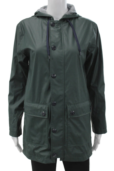 Petit Bateau Women Green Raincoat Windbreaker Jacket Polyester Button Size 2XS