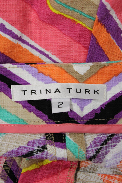 Trina Turk Unisex Shorts Geometric Beige Zip Cotton Spandex Size 2