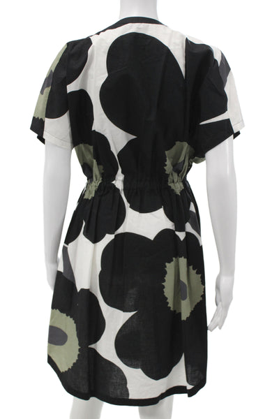 Marimekko Womens Black Floral Cotton Shirt Dress Short Sleeve Size XS