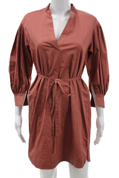 Rebecca Taylor Women Shirt Dress Brown V-Neck 3/4 Sleeve Cotton Linen Size XS
