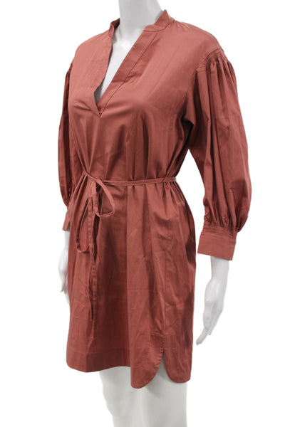 Rebecca Taylor Women Shirt Dress Brown V-Neck 3/4 Sleeve Cotton Linen Size XS