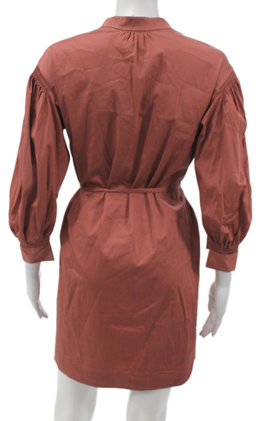 Rebecca Taylor Women Shirt Dress Brown V-Neck 3/4 Sleeve Cotton Linen Size XS