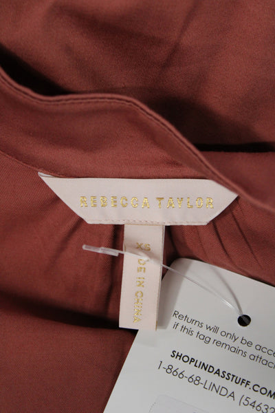 Rebecca Taylor Women Shirt Dress Brown V-Neck 3/4 Sleeve Cotton Linen Size XS