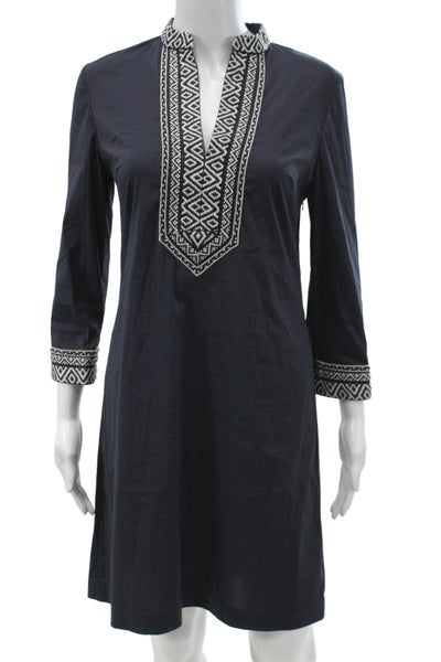 Tory Burch Women Dark Blue Aztec Kaftan Dress V-Neck 3/4 Sleeve Size 2