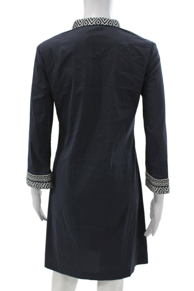 Tory Burch Women Dark Blue Aztec Kaftan Dress V-Neck 3/4 Sleeve Size 2