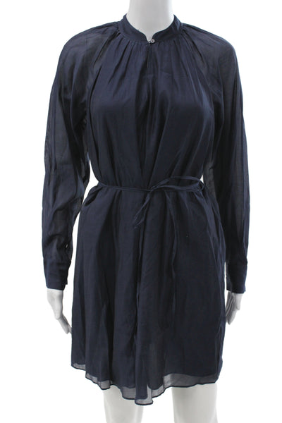 Rebecca Taylor Womens Shirt Dress Dark Blue High Neck Long Sleeve Size XS