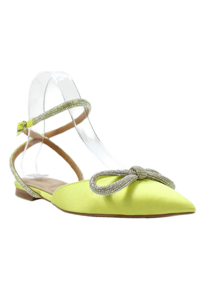 Bibi Lou Womens Pointed Toe Crystal Bow Ankle Strap Dorsay Flats Green Size 37