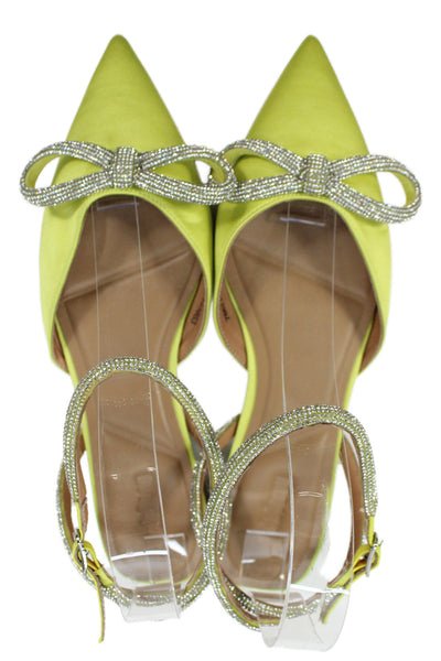 Bibi Lou Womens Pointed Toe Crystal Bow Ankle Strap Dorsay Flats Green Size 37