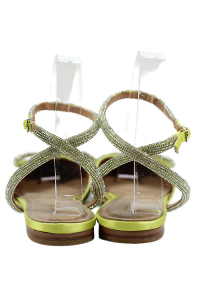 Bibi Lou Womens Pointed Toe Crystal Bow Ankle Strap Dorsay Flats Green Size 37