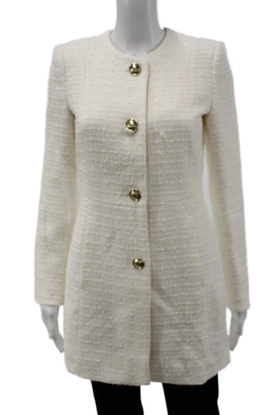 Zara Women Classic Tweed Wool Button Coat Crew Neck Long Sleeve White Size XS