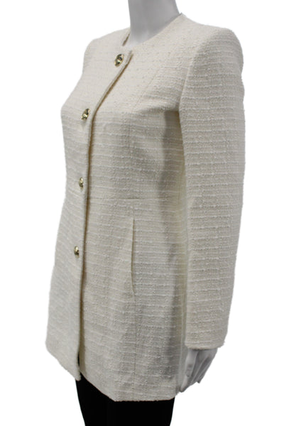 Zara Women Classic Tweed Wool Button Coat Crew Neck Long Sleeve White Size XS
