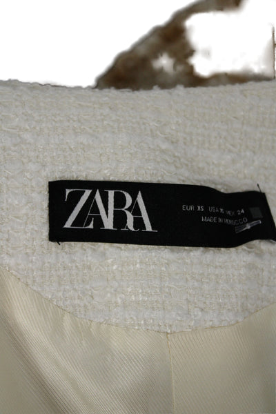 Zara Women Classic Tweed Wool Button Coat Crew Neck Long Sleeve White Size XS