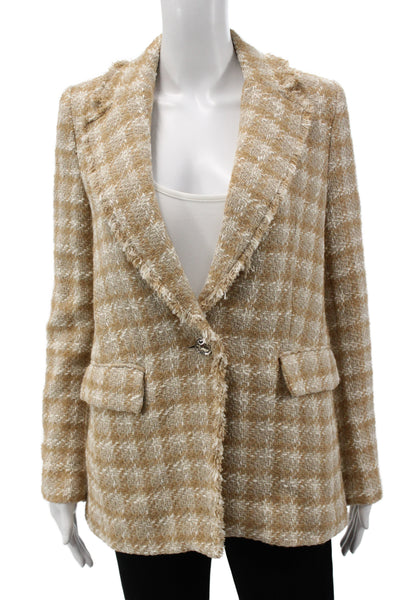 MNG Women Classic Check Wool Blend Blazer Beige Collared Button Size S