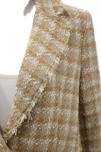 MNG Women Classic Check Wool Blend Blazer Beige Collared Button Size S