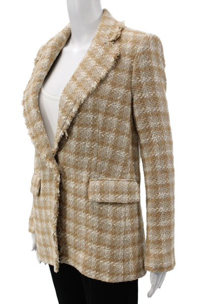 MNG Women Classic Check Wool Blend Blazer Beige Collared Button Size S