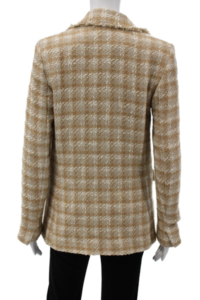 MNG Women Classic Check Wool Blend Blazer Beige Collared Button Size S