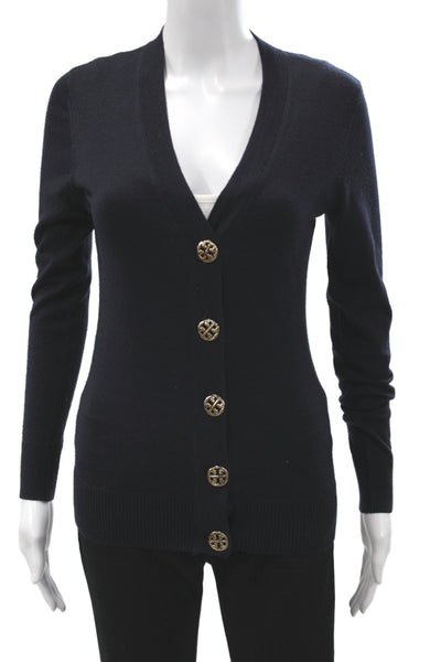 Tory Burch Unisex Merino Wool V-Neck Button Cardigan Dark Blue Size XS