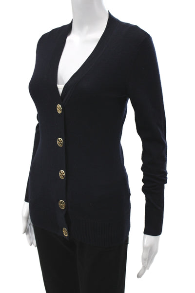 Tory Burch Unisex Merino Wool V-Neck Button Cardigan Dark Blue Size XS