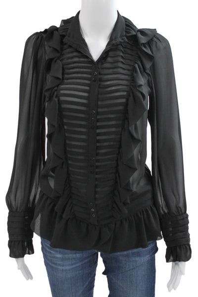 Zara Basic Women Collared Striped Chiffon Button Up Blouse Black Size XS