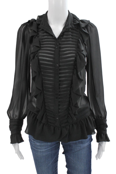 Zara Basic Women Collared Striped Chiffon Button Up Blouse Black Size XS
