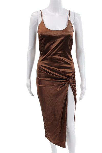 JLUXLABEL Womens Bodycon Slip Midi Satin Brown Zip Sleeveless Dress Size M