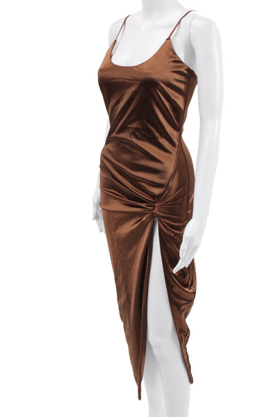 JLUXLABEL Womens Bodycon Slip Midi Satin Brown Zip Sleeveless Dress Size M