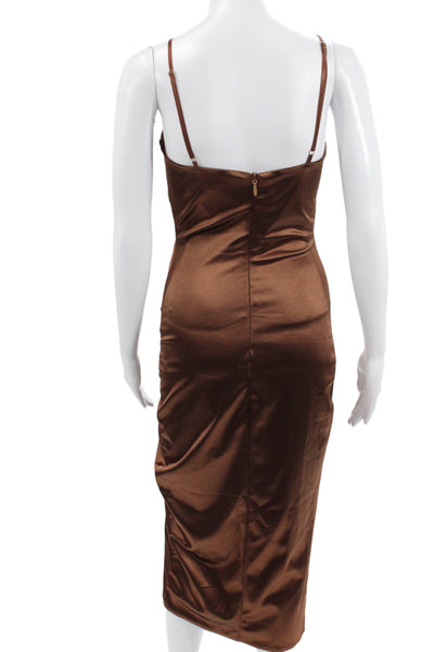 JLUXLABEL Womens Bodycon Slip Midi Satin Brown Zip Sleeveless Dress Size M