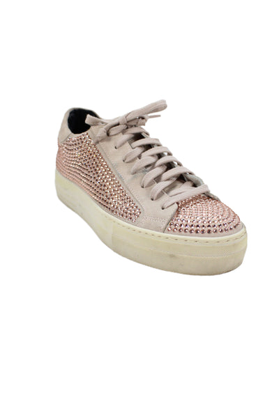 P448 Womens Rhinestone Embellish Lace Up Suede Rubber Sole Sneaker Beige Size 40