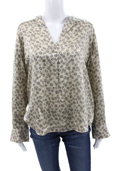 Vince Womens Silk Floral V-Neck Tunic Blouse Beige Long Sleeve Size S