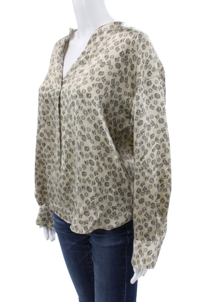 Vince Womens Silk Floral V-Neck Tunic Blouse Beige Long Sleeve Size S