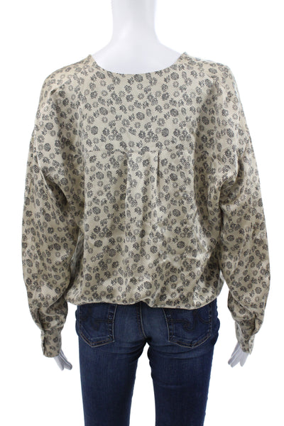 Vince Womens Silk Floral V-Neck Tunic Blouse Beige Long Sleeve Size S