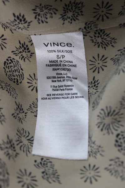 Vince Womens Silk Floral V-Neck Tunic Blouse Beige Long Sleeve Size S