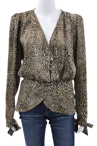 Ronny Kobo Women Beige V Neck Animal Print Viscose Blouse Long Sleeve Size M