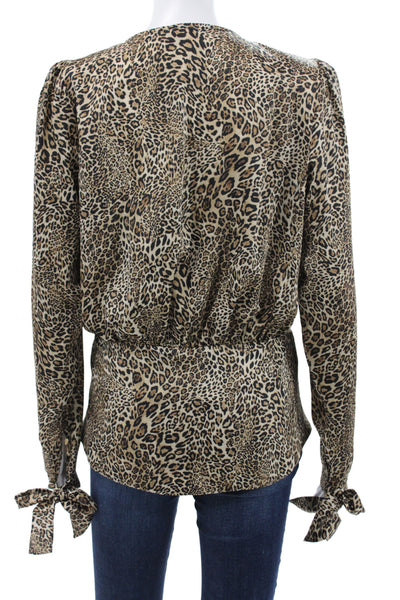 Ronny Kobo Women Beige V Neck Animal Print Viscose Blouse Long Sleeve Size M