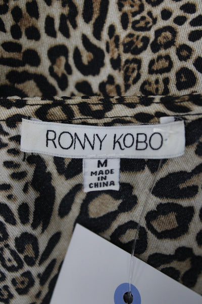 Ronny Kobo Women Beige V Neck Animal Print Viscose Blouse Long Sleeve Size M