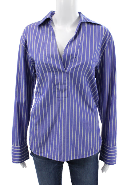 Vince Womens Blue Striped V-Neck Cotton Blouse Long Sleeve Petite Size S