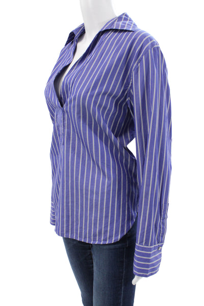 Vince Womens Blue Striped V-Neck Cotton Blouse Long Sleeve Petite Size S
