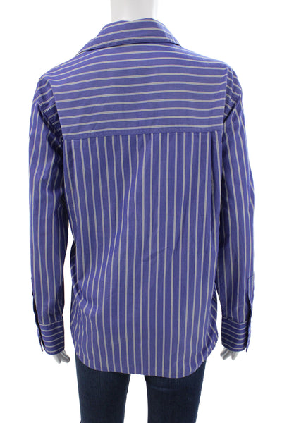Vince Womens Blue Striped V-Neck Cotton Blouse Long Sleeve Petite Size S