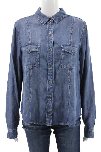 Bella Dahl Womens Basic Collared Long Sleeve Button-Up Blue Tencel Size L