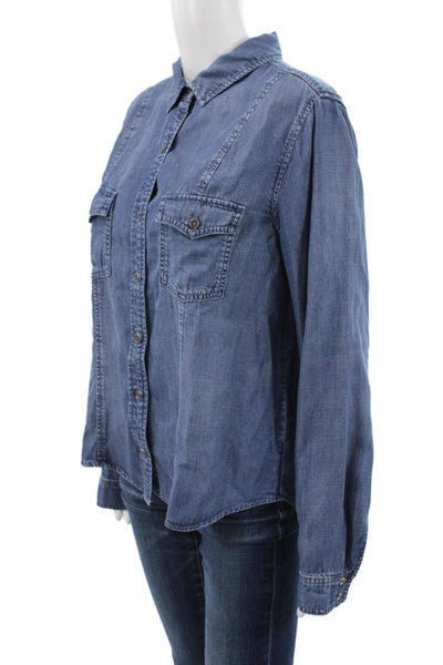 Bella Dahl Womens Basic Collared Long Sleeve Button-Up Blue Tencel Size L