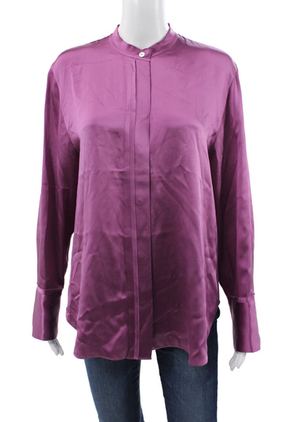 Vince Women Purple Silk Mock Neck Button Up Long Sleeve Blouse Size M